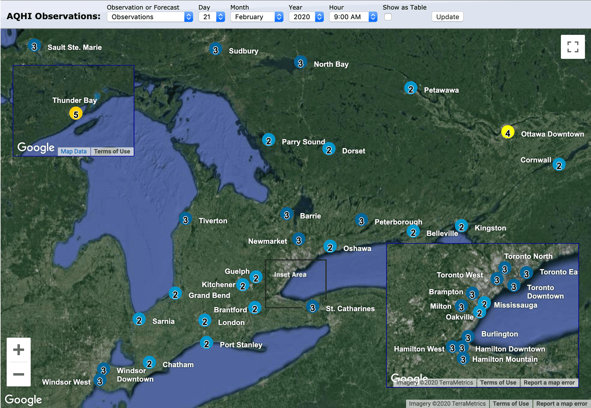 Screen shot showing Ontario’s air quality readings on January 22, 2020 at 2 pm. All of Ontario is showing a rating of between two and three on the Air Quality Health Index.